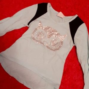 Girls Light Teal Glitter Owl Long Sleeve